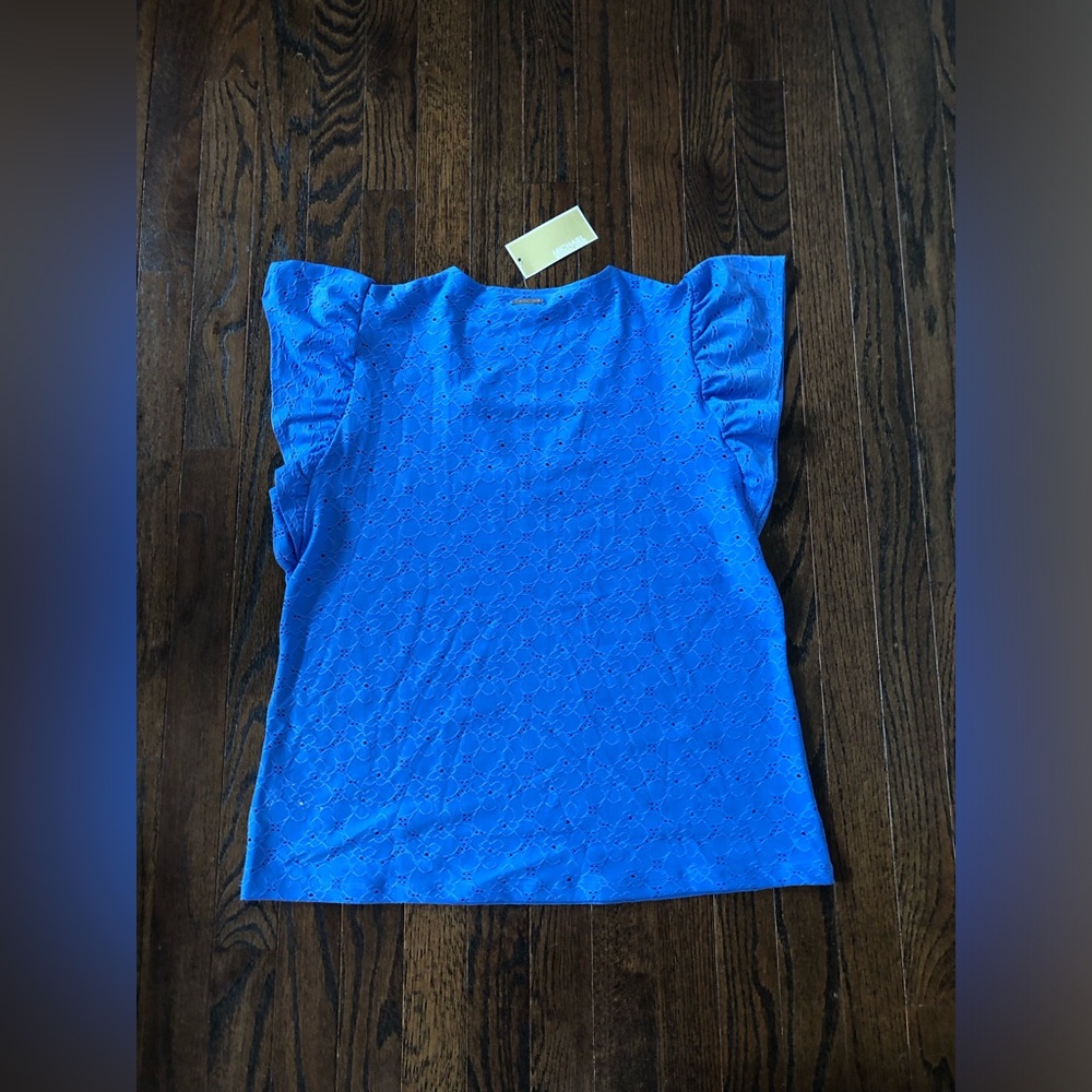 *NWT* Michael Kors Women's L Floral Lace Eyelet Blue Flutter Sleeved Blouse - Picture 10 of 11